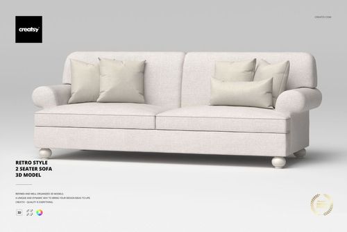 Retro style 2 seater sofa with rounded arms and light beige upholstery, shown from the front on a plain background.