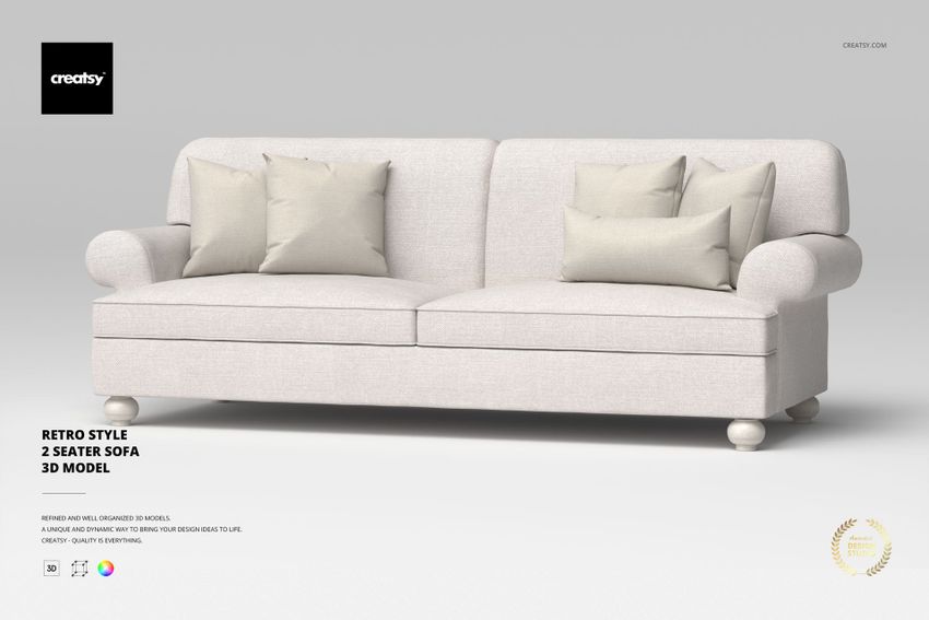 Retro style 2 seater sofa with rounded arms and light beige upholstery, shown from the front on a plain background.