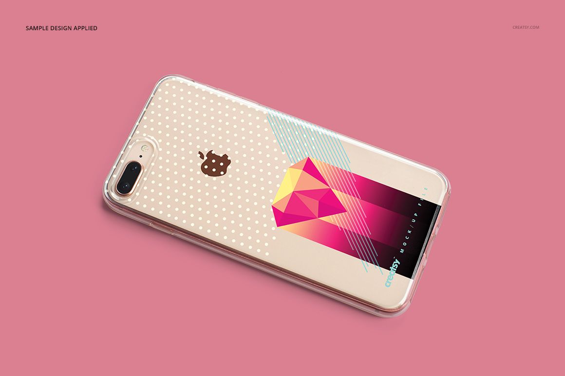 iPhone 8 Plus clear case mockup featuring abstract geometric artwork and dotted pattern, angled on a pink surface.