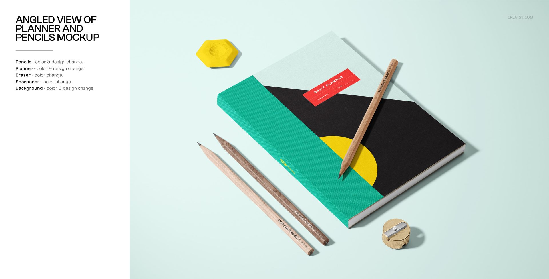PSD mockup of back-to-school stationery including a planner, pencils, eraser, sharpener, and hexagonal clip on a pastel background.