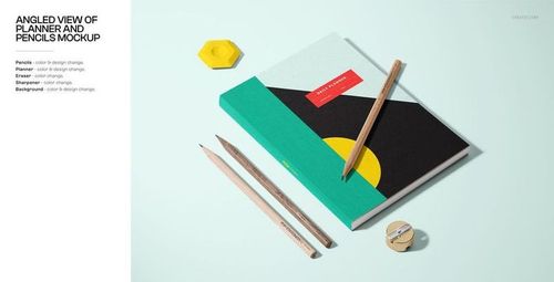 PSD mockup of back-to-school stationery including a planner, pencils, eraser, sharpener, and hexagonal clip on a pastel background.