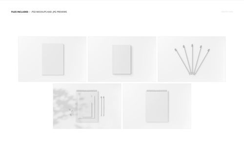 Stationery set mockup showing blank notepads and pencils arranged on a white surface, viewed from above.