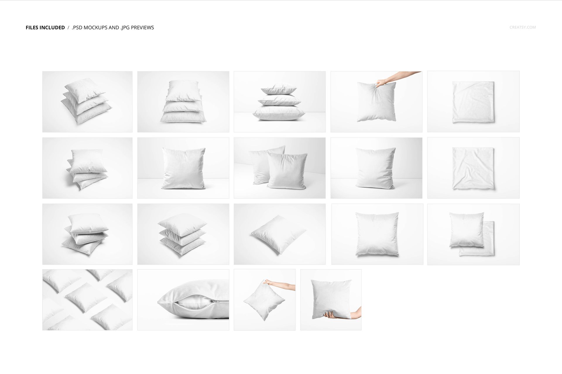 Velvet cushion cover PSD mockup set featuring front, side, and detail views with neutral white backgrounds.
