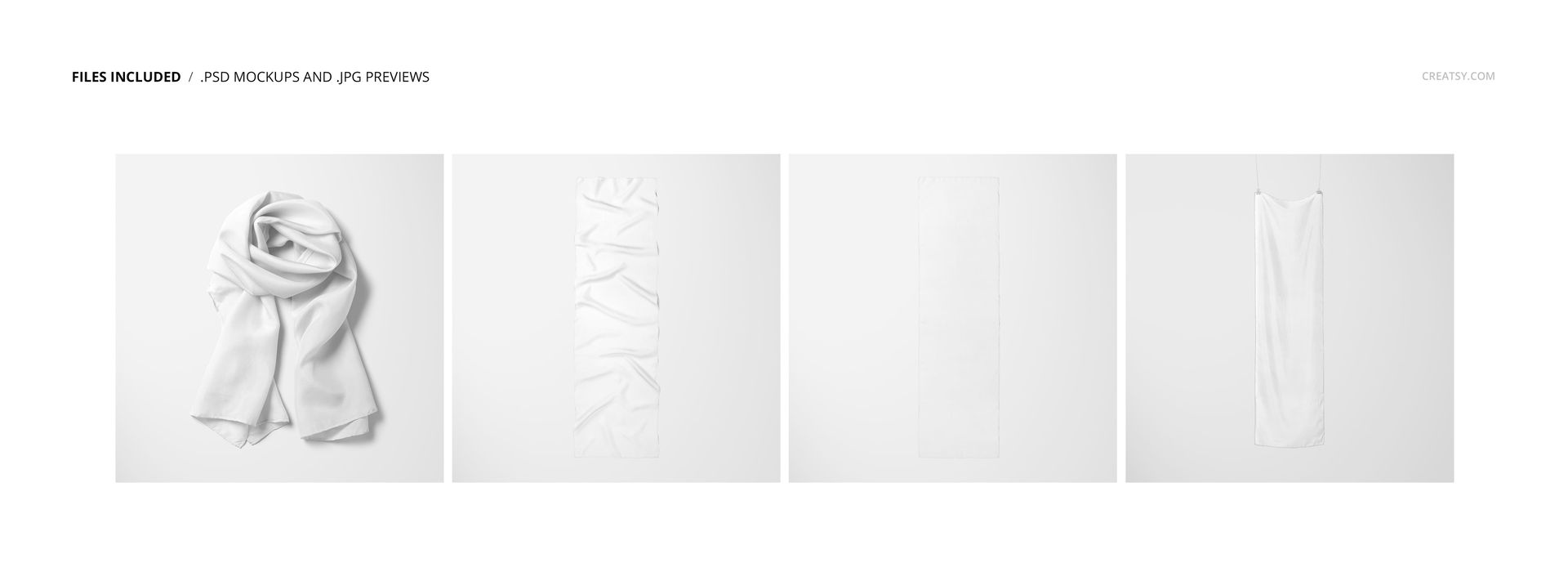 Set of four silk scarf mockups displayed on a white background, showing different folding and hanging styles.
