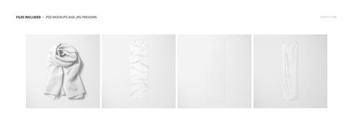 Set of four silk scarf mockups displayed on a white background, showing different folding and hanging styles.