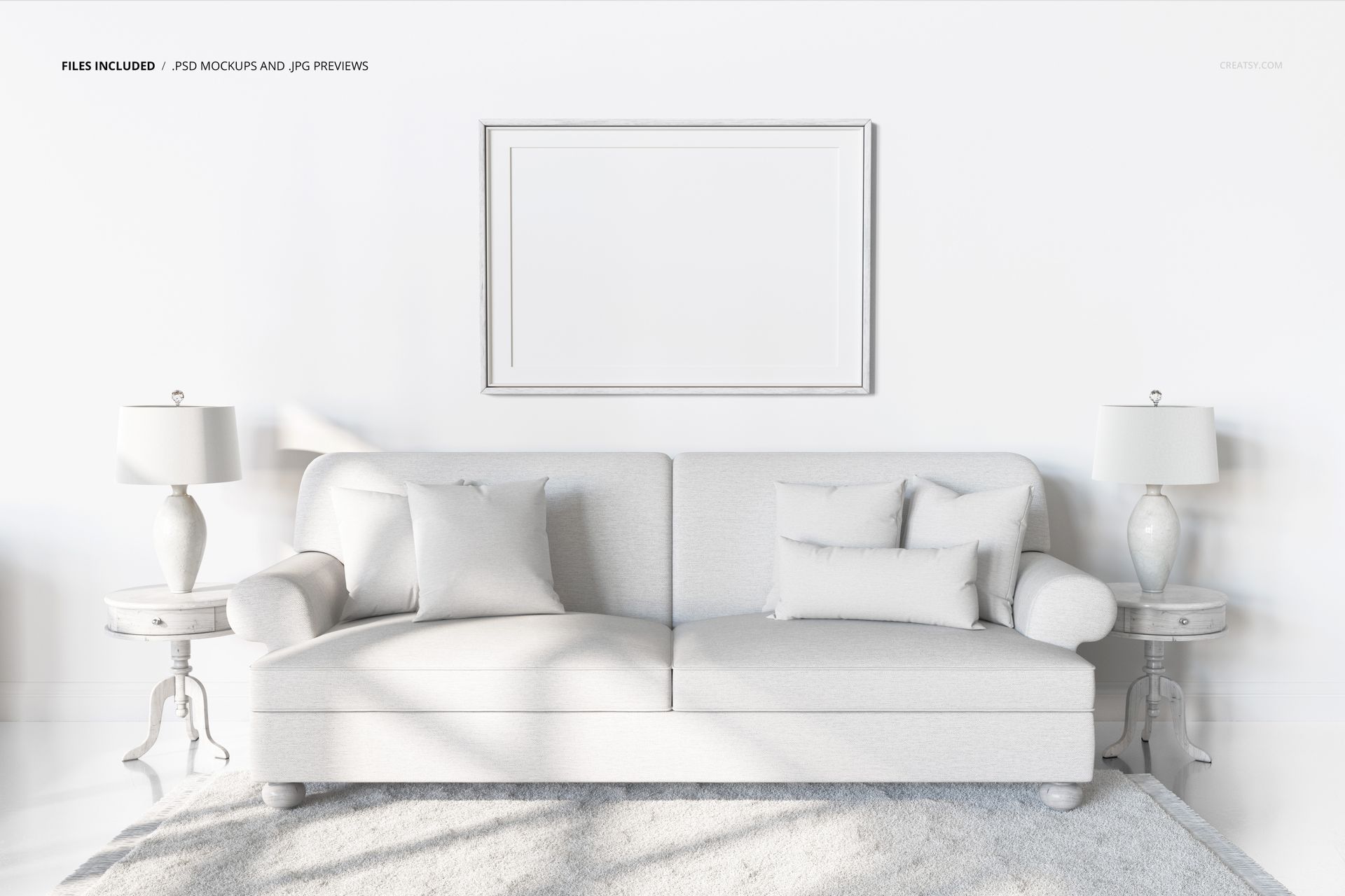 PSD mockup showing a light-colored sofa and pillows, set between matching lamps and tables in a clean, modern space.