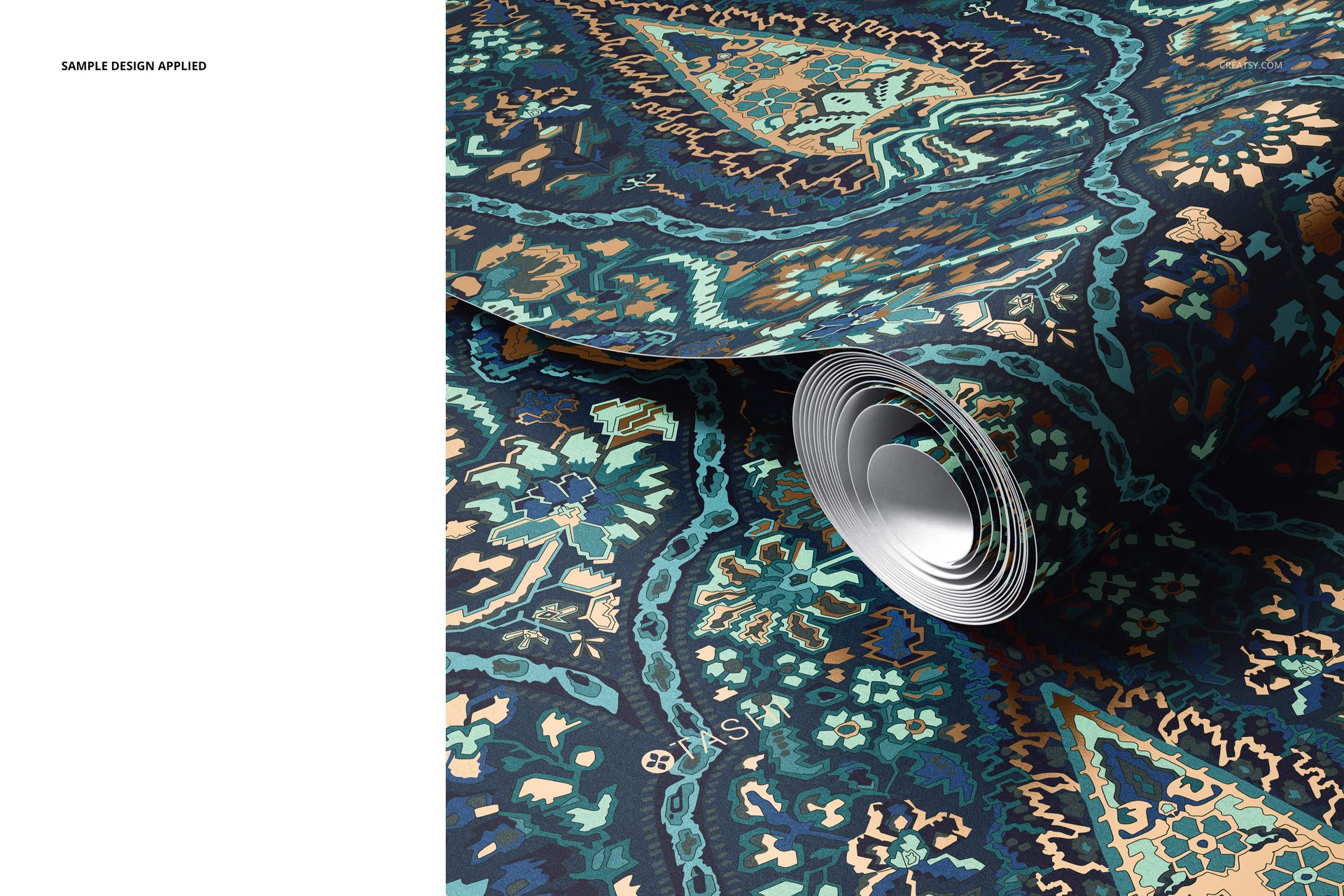 PSD mockup showing a roll of wallpaper with detailed blue and beige floral design, presented from a side angle.