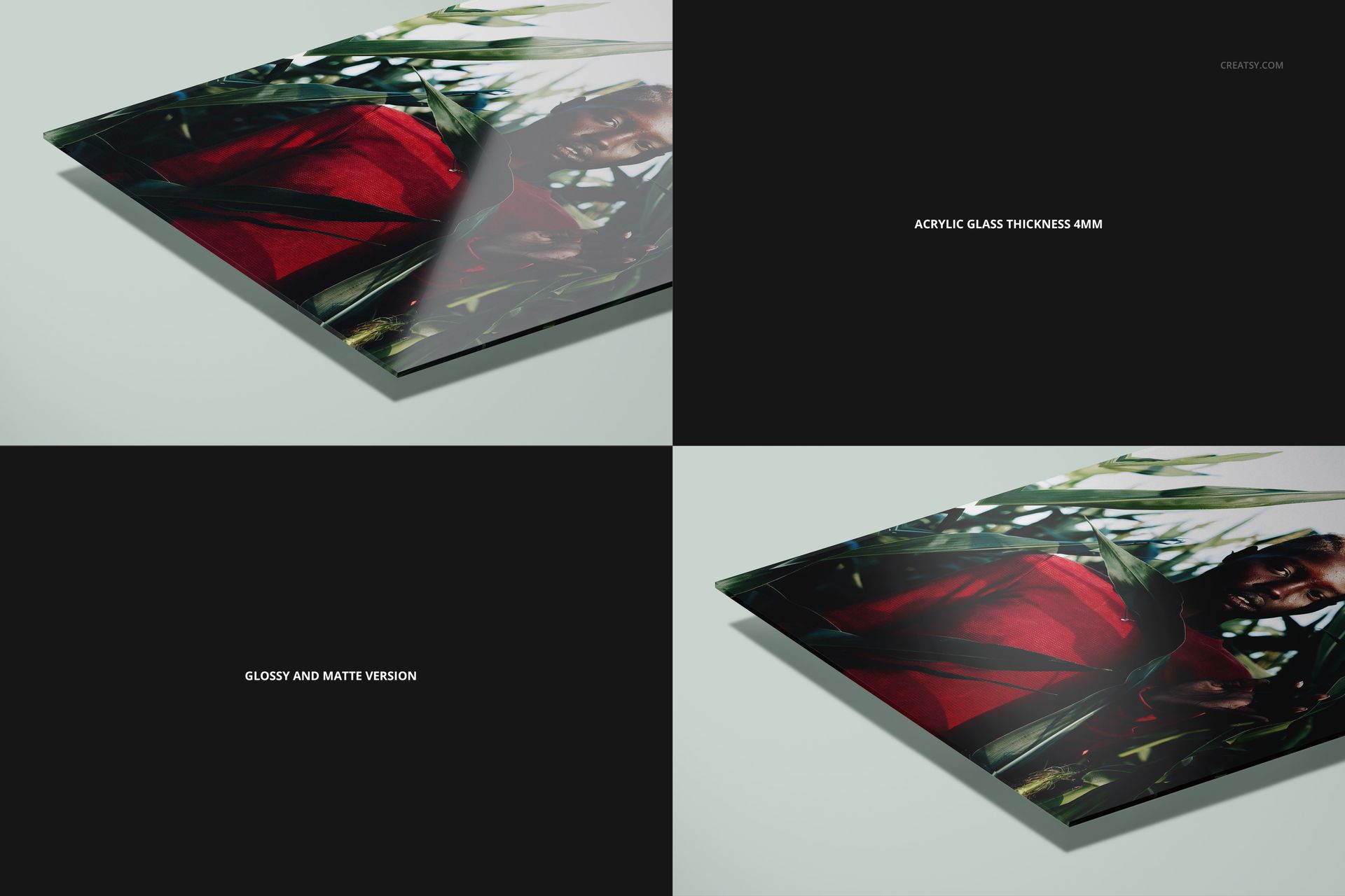 Closeup view of acrylic glass print mockup showing glossy and matte finishes, with a vibrant image on the surface.