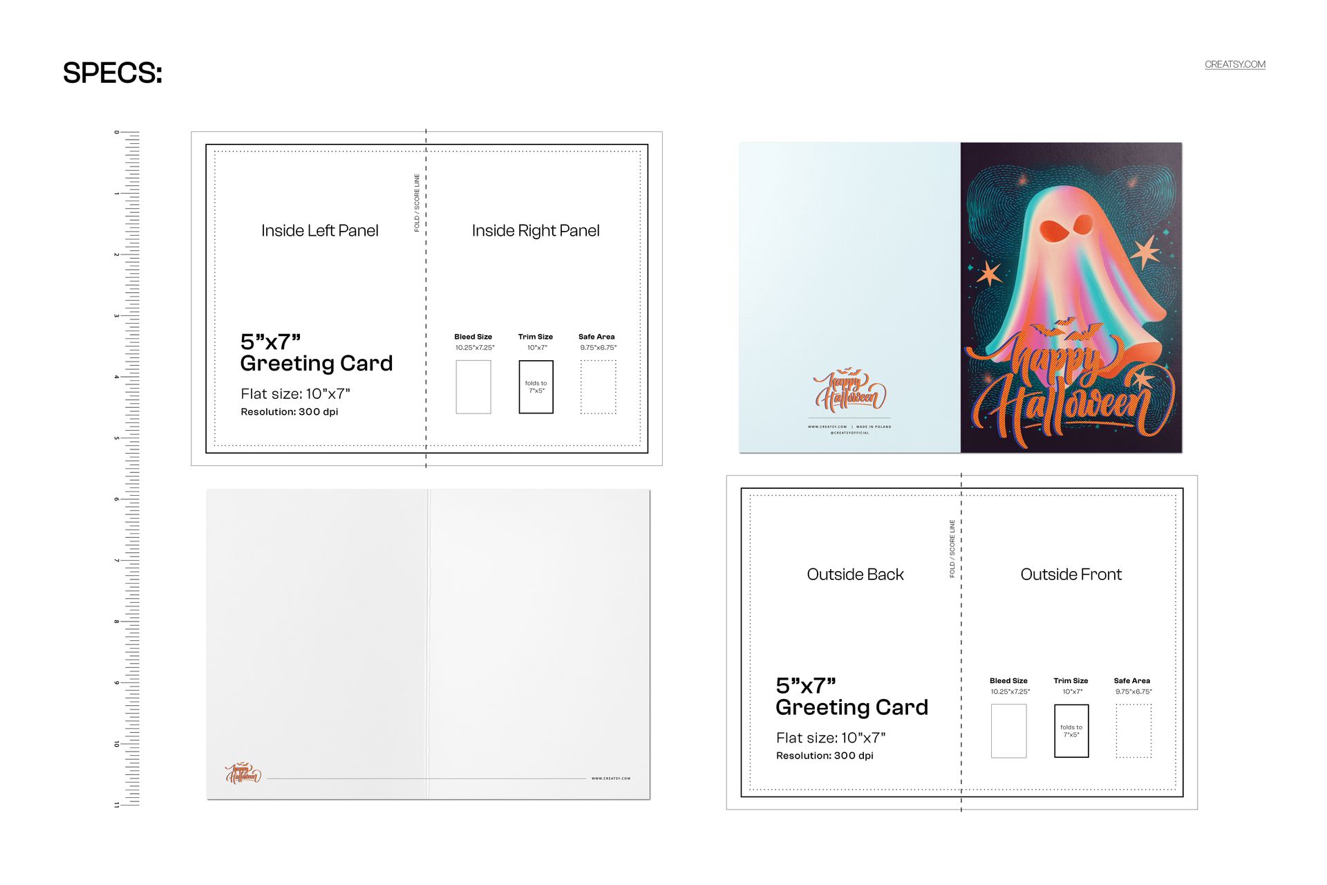 PSD mockup showing a 10x7 inch greeting card template featuring a colorful ghost and Halloween-themed artwork.