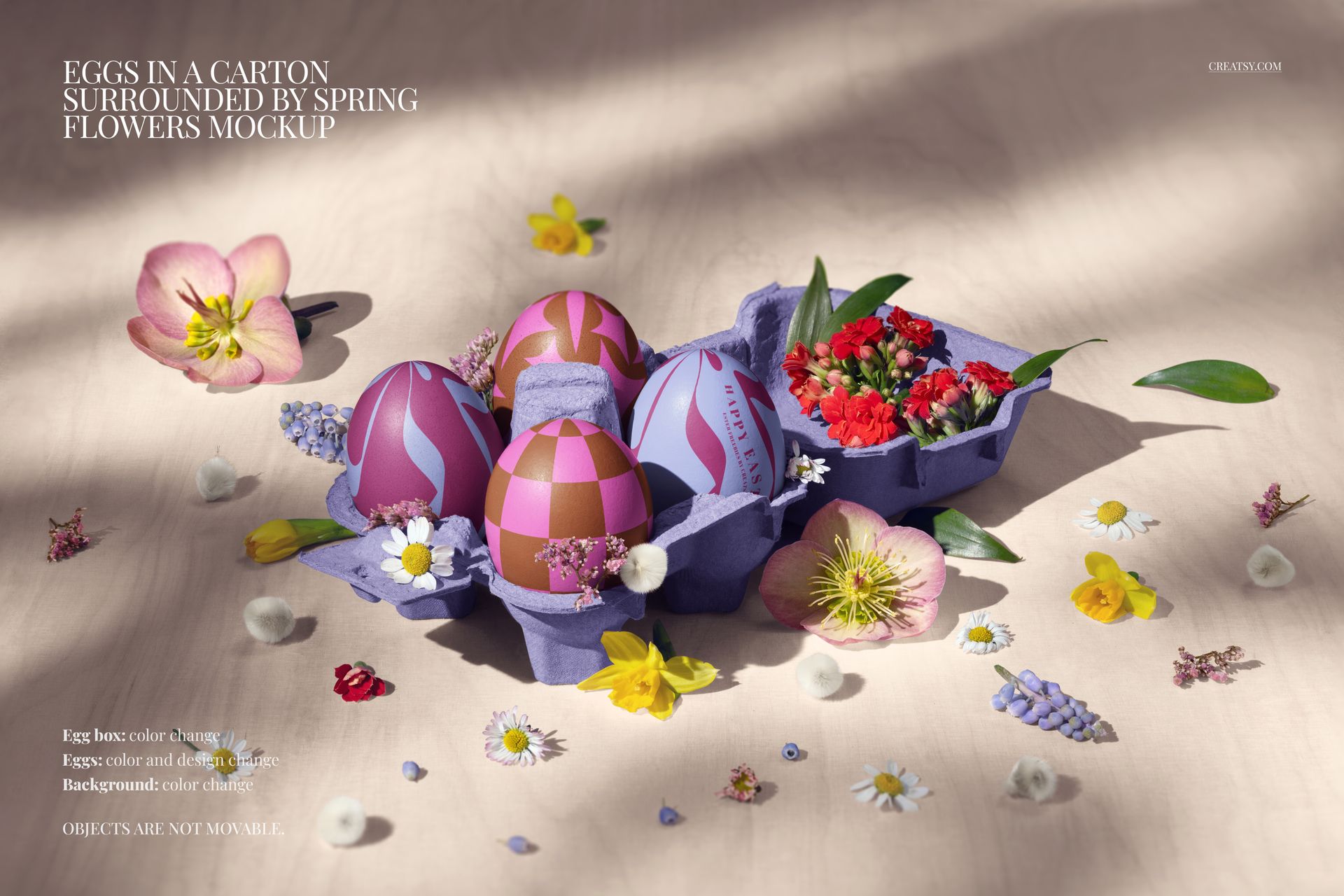 PSD mockup showing Easter eggs with pink and purple designs in a carton, surrounded by colorful spring blossoms.