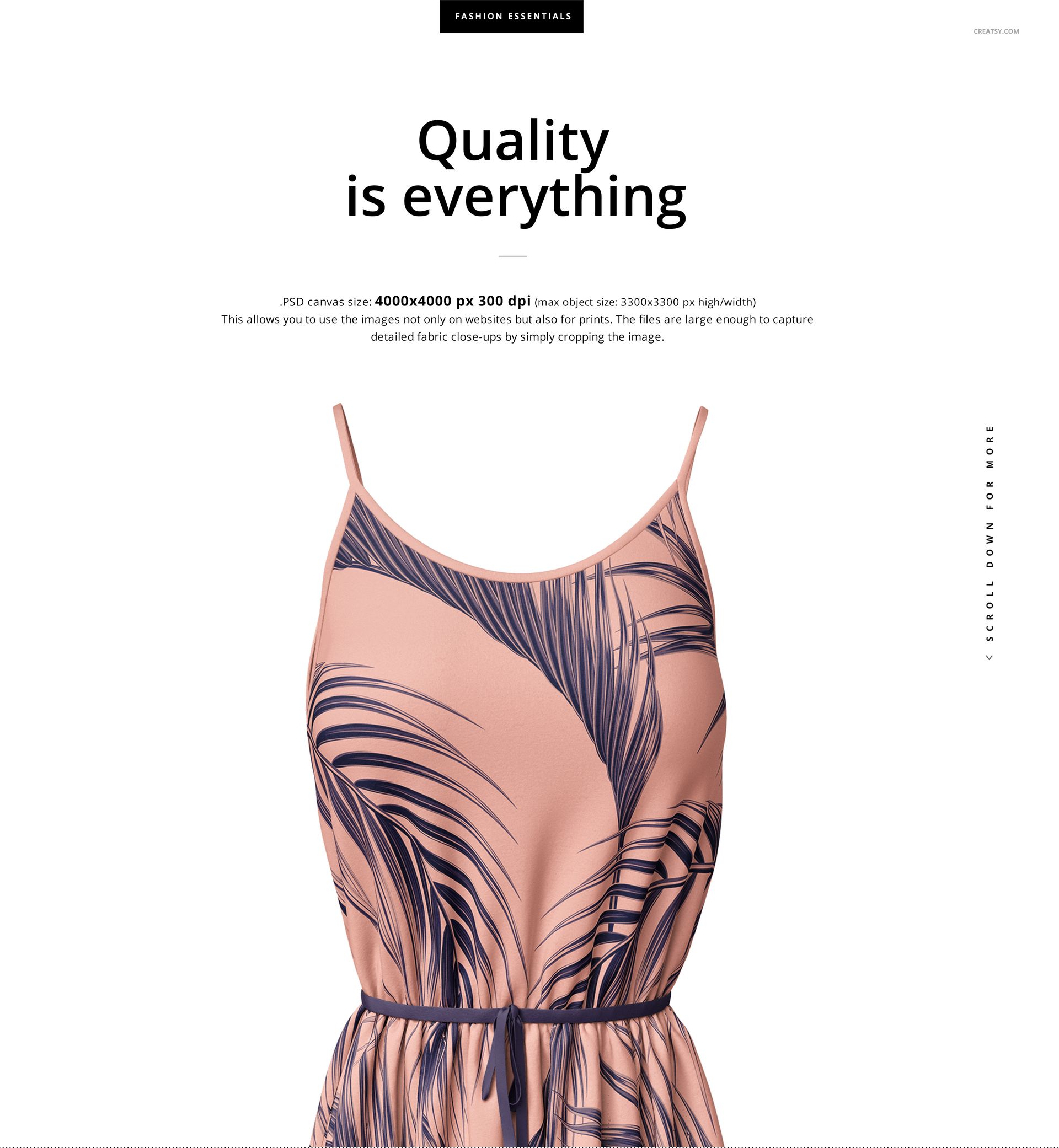 Front view of a long wavy dress mockup with thin straps, featuring a pink base and dark blue abstract leaf pattern.