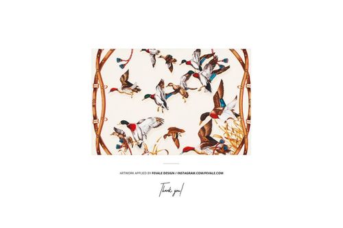 Silk scarf mockup with flying birds in various colors and brown decorative border, shown from a top view on white.