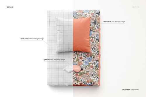 Folded duvet and pillow mockup showing a top view, with one side in grid pattern and the other in floral design.