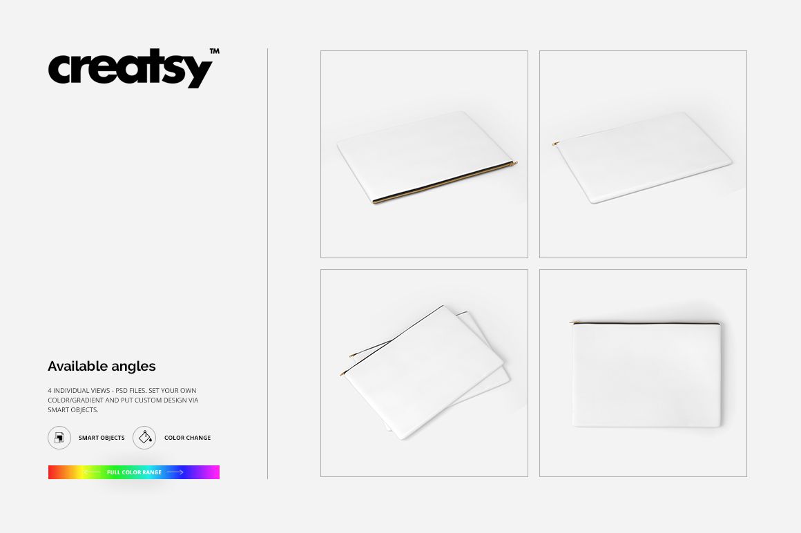 Accessories pouch mockup set with four blank pouches shown in top and side views, each with a visible zipper.