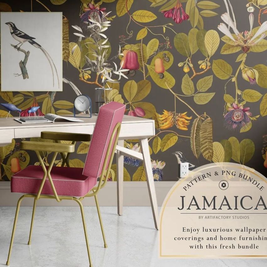 Interior scene with a desk mockup featuring a pink chair, white desk, and vibrant floral wallpaper with botanical patterns.