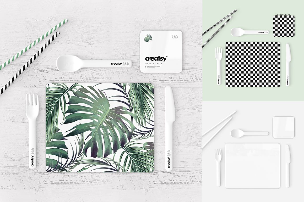Placemat and coaster set mockup featuring tropical leaf pattern, checkerboard design, and blank templates on a white table.