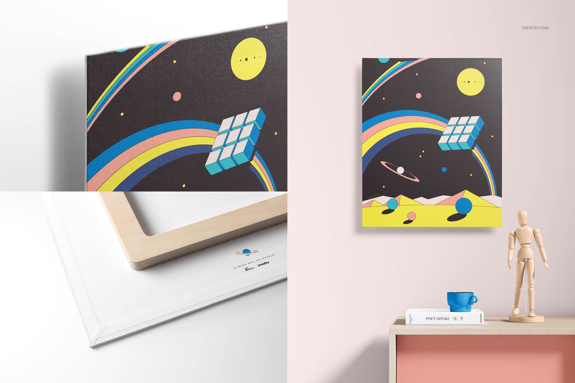 Canvas wall art mockup set showing a square artwork with colorful geometric and space-themed design in a modern room.