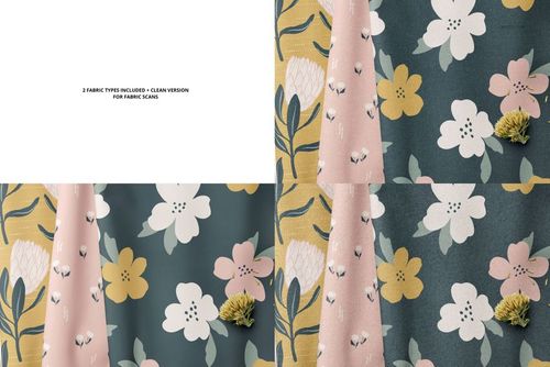 Stacked fabric mockup with botanical designs in soft pastel colors, shown from a front angle with a small prop.
