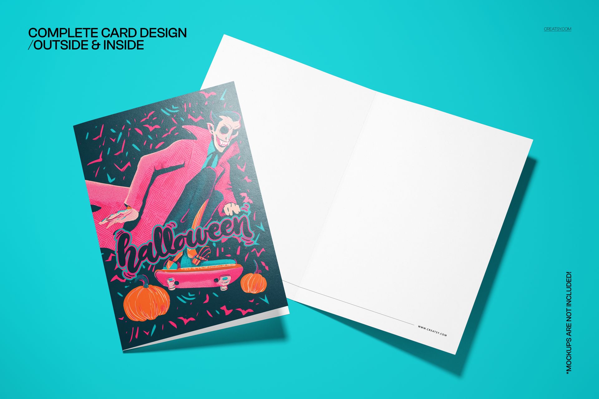 Halloween 5x7 card mockup with a vintage vampire in a red cloak, surrounded by pumpkins and confetti, on a turquoise background.