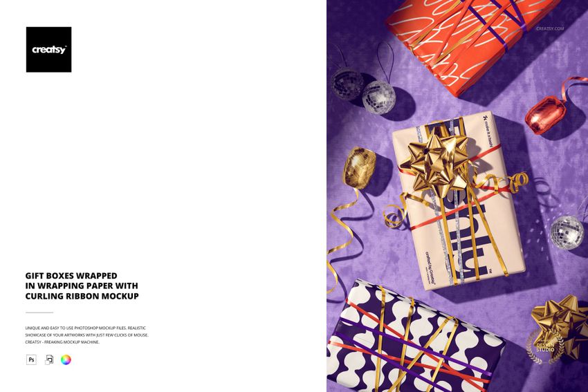 Gift Boxes Wrapped in Wrapping Paper with Curling Ribbon Mockup - mockup screenshot 1