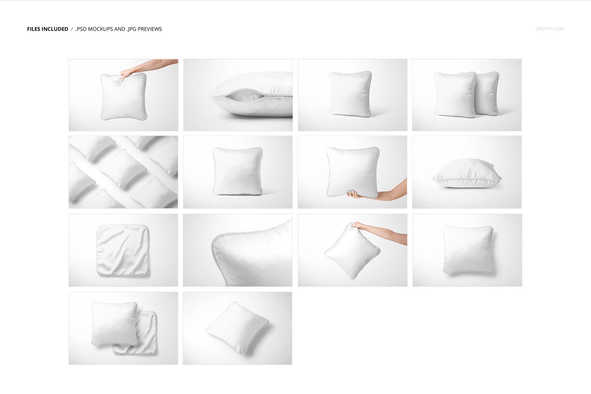 Set of silk cushion PSD mockup images featuring single and paired cushions, detailed edges, and different display orientations.