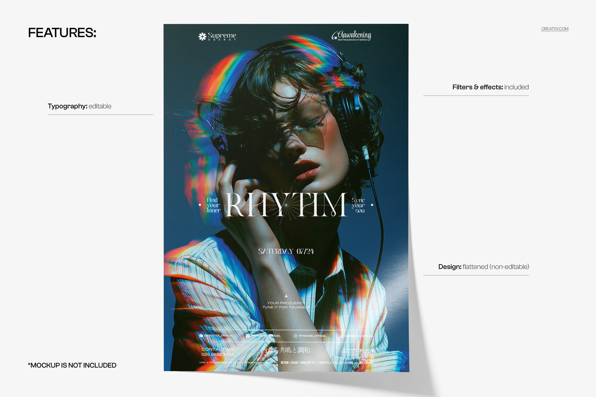 Front view of a poster mockup featuring a woman with headphones, colorful light streaks, and editable typography.