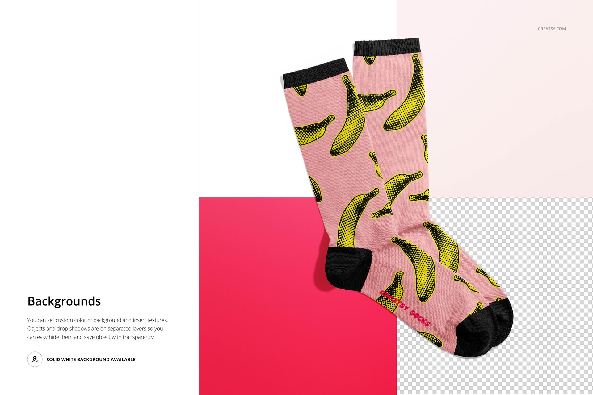 Pair of crew socks with pink background and yellow banana pattern, black heel and toe, shown in a flat lay mockup.
