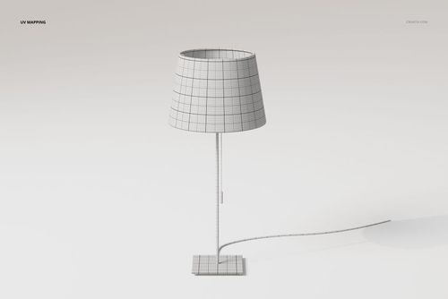 Front view of a 3D model table lamp with a pull cord, featuring a wireframe grid pattern on a plain background.