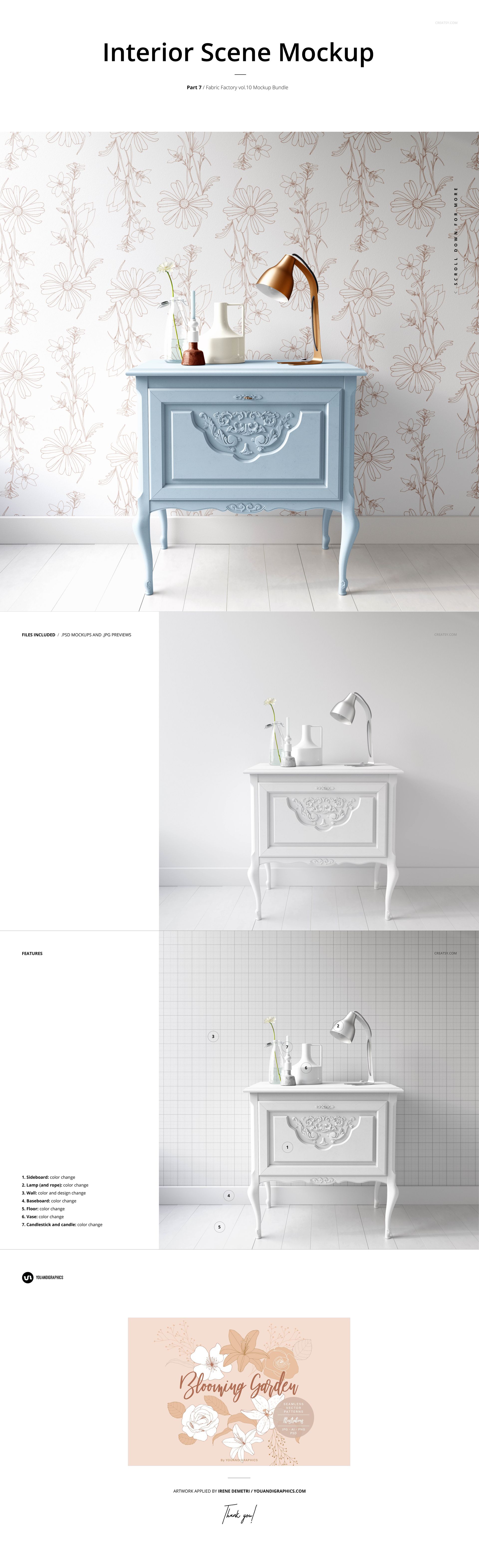 Interior mockup featuring a classic blue nightstand, decorative lamp, and vases on a white floor with patterned wallpaper.