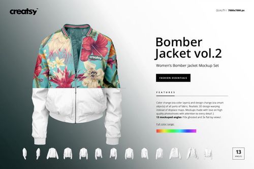 Front view of a women's bomber jacket mockup with a tropical floral pattern on the upper half and white lower half, displayed on a light background.