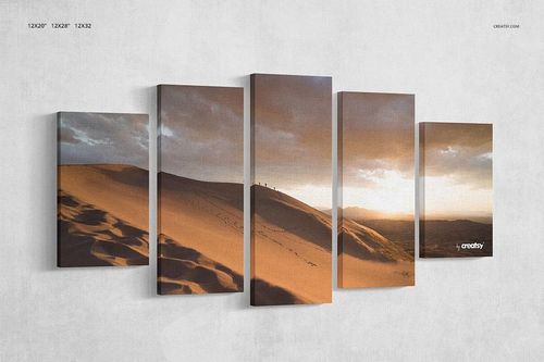 Front view of a multi-panel canvas print mockup featuring a desert landscape at sunset against a light grunge wall.