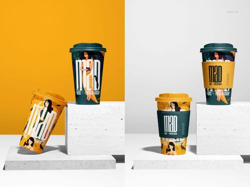 Paper cup mockup set showing three cups with colorful lids and illustrated patterns, displayed on concrete blocks.