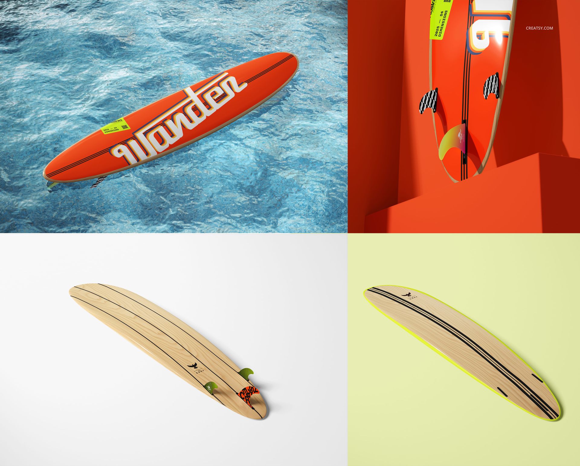 Longboard surfboard mockup set featuring various board designs, shown in water, studio, and minimal backgrounds.