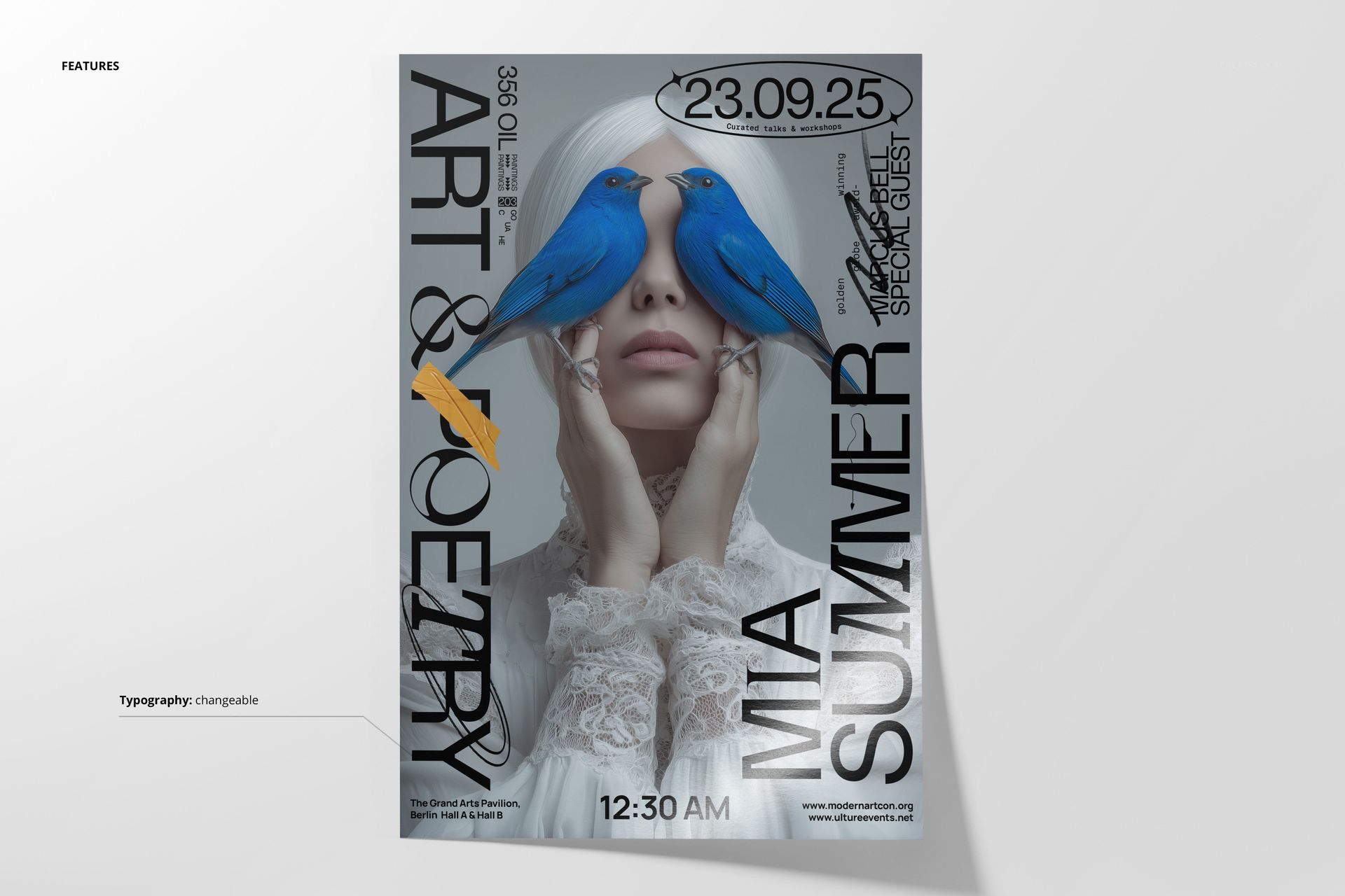 Poster mockup with minimalist design, featuring bold black typography and a blue veil accent on a light background.