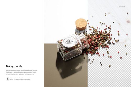 Round spice jar label mockup with a glass jar tipped over, spilling mixed peppercorns onto a split background.