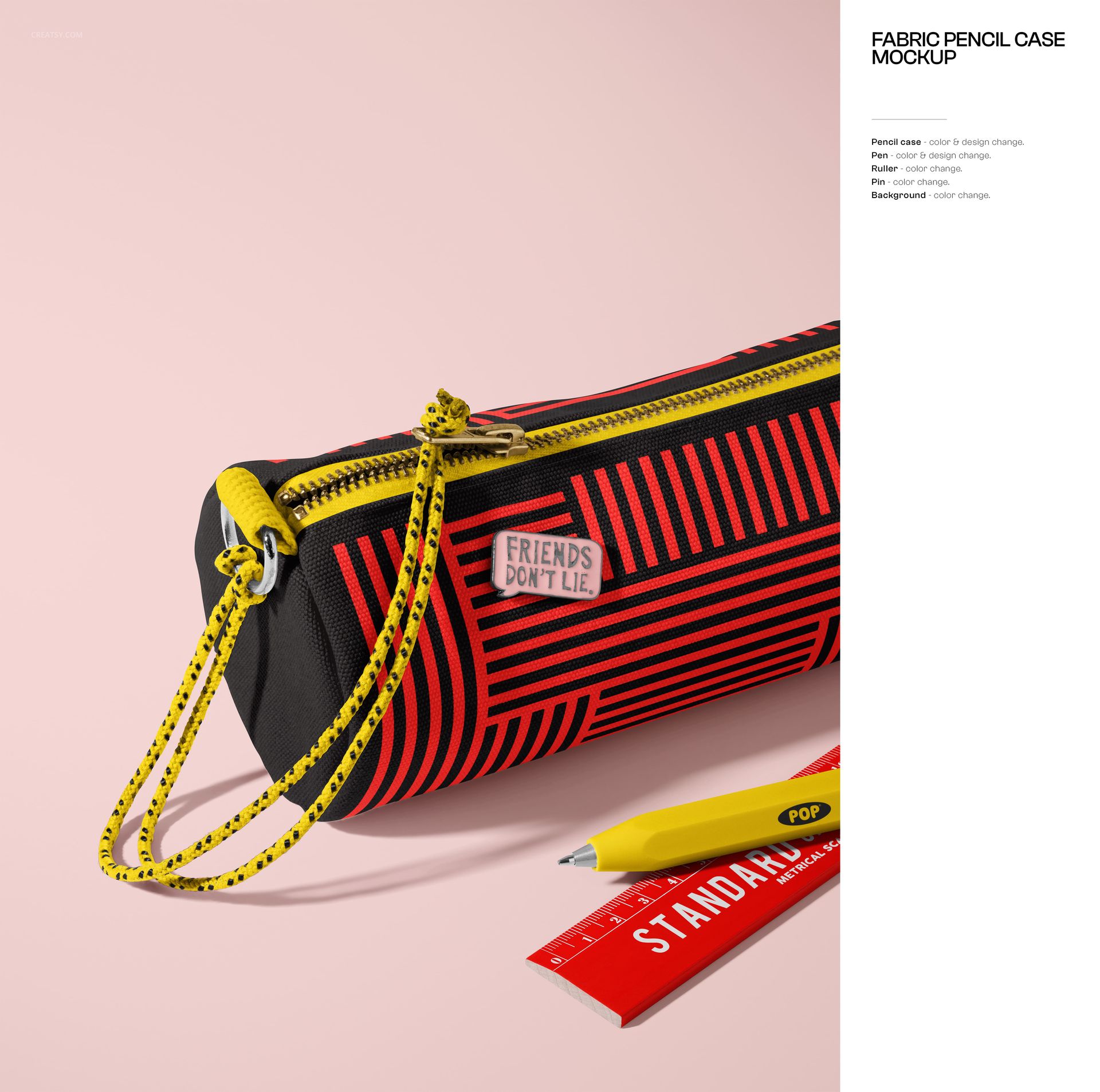 Mockup of a fabric pencil case with red and black pattern, yellow zipper, and stationery items on a pink surface.