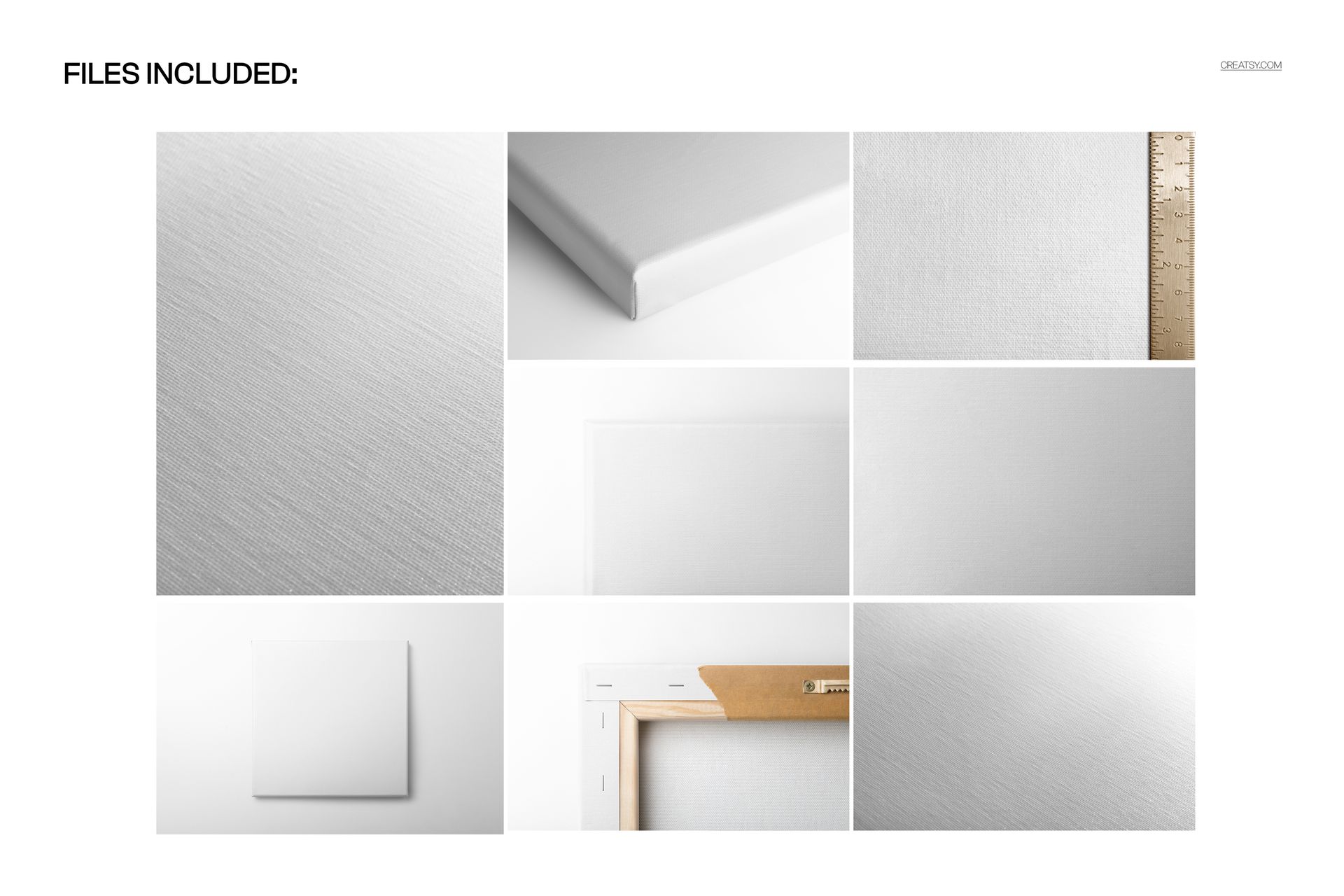 Collage of cotton glossy canvas mockup images showing closeup texture, gallery wrap edge, and blank print surface.
