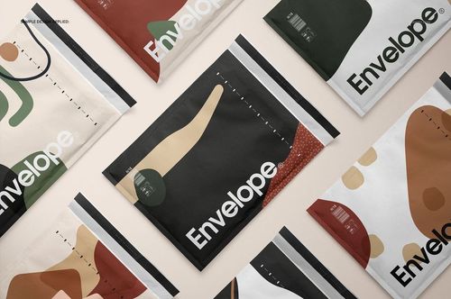 Envelope PSD mockup set showing various envelopes with minimalist, colorful patterns on a neutral background.