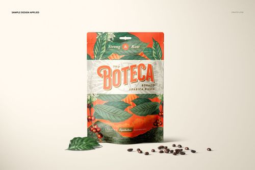 Doypack bag pouch mockup featuring a vibrant leaf and berry pattern, shown upright with coffee beans nearby.