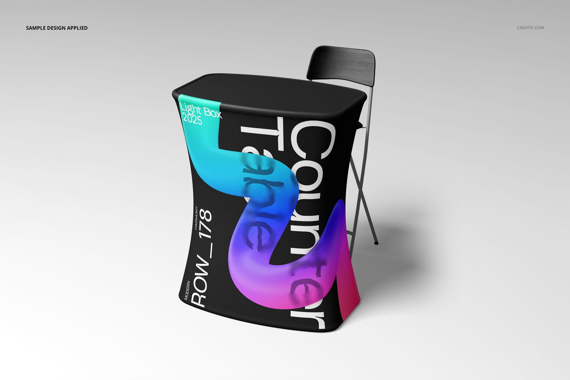 LED-illuminated curved pop-up counter mockup featuring bold colors and modern graphics, paired with a folding bar stool.