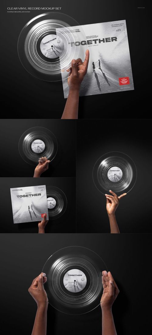Mockup of a clear vinyl record and cover, featuring close-up and angled views with realistic lighting and shadows.