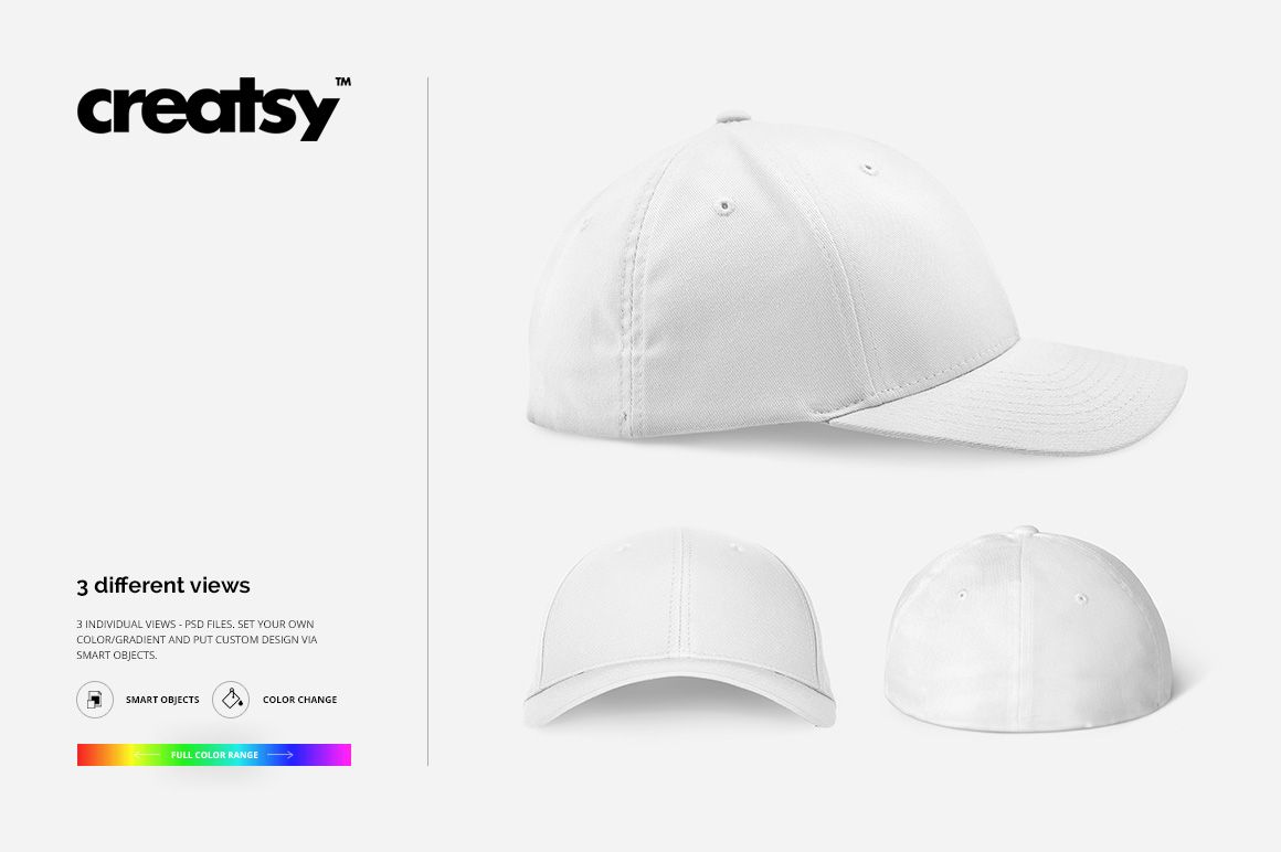 PSD mockup of a plain white fullcap shown from the front, side, and angled views against a light backdrop.