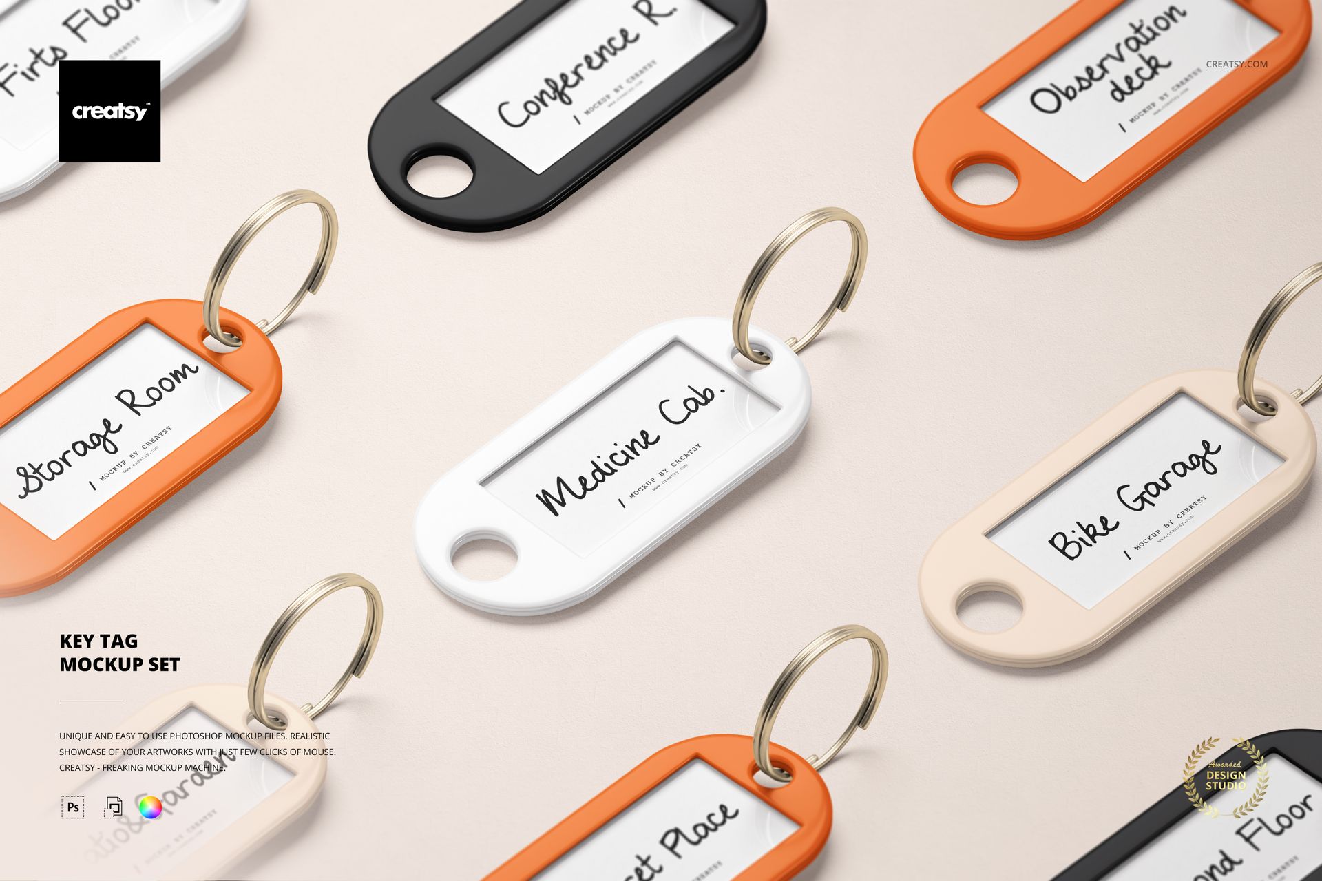 Assorted rectangular key tags with metal rings displayed on a light surface, featuring handwritten labels in a mockup scene.