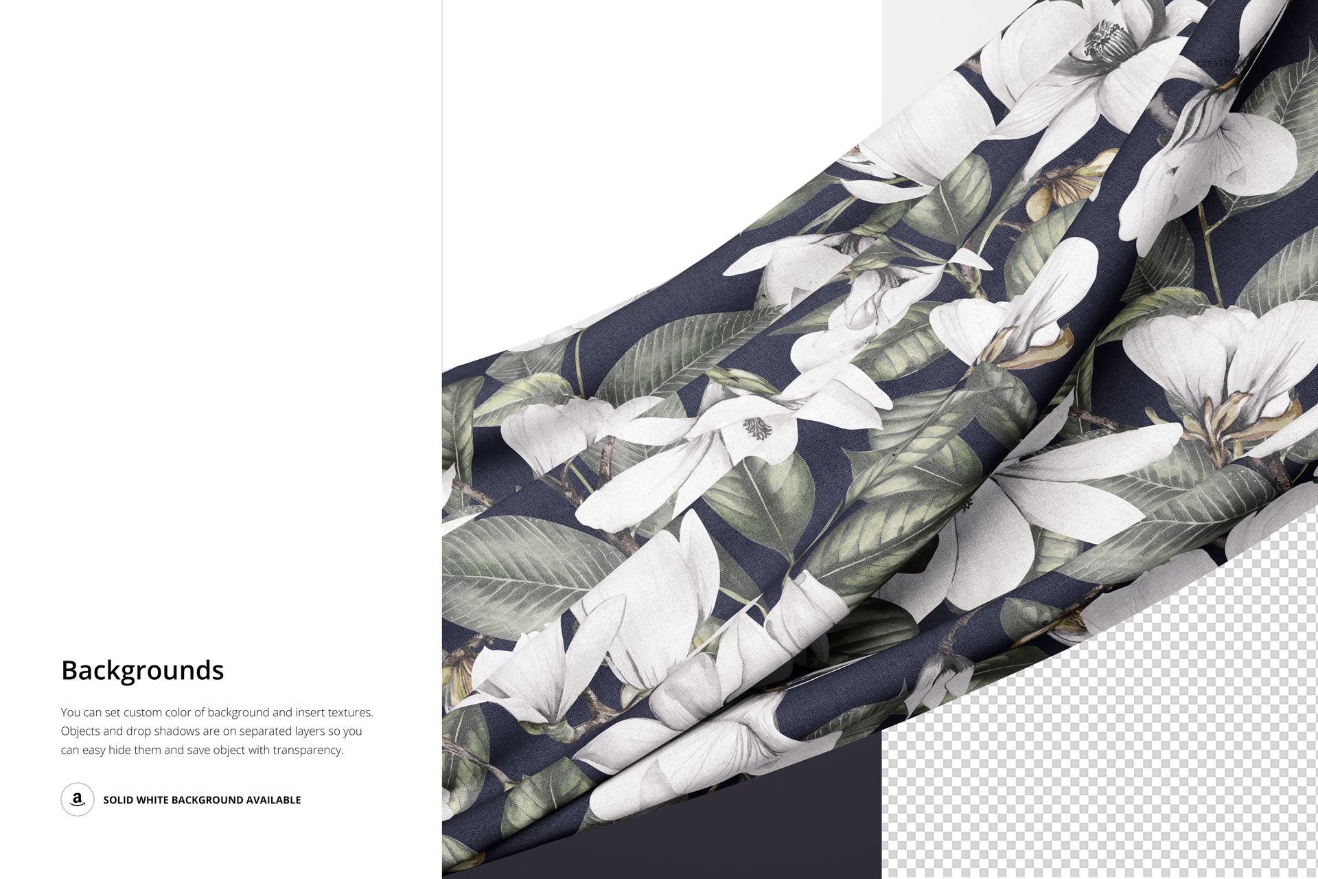 PSD mockup of fabric featuring large white flowers and green leaves, displayed with part of the background transparent.