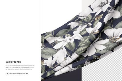 PSD mockup of fabric featuring large white flowers and green leaves, displayed with part of the background transparent.