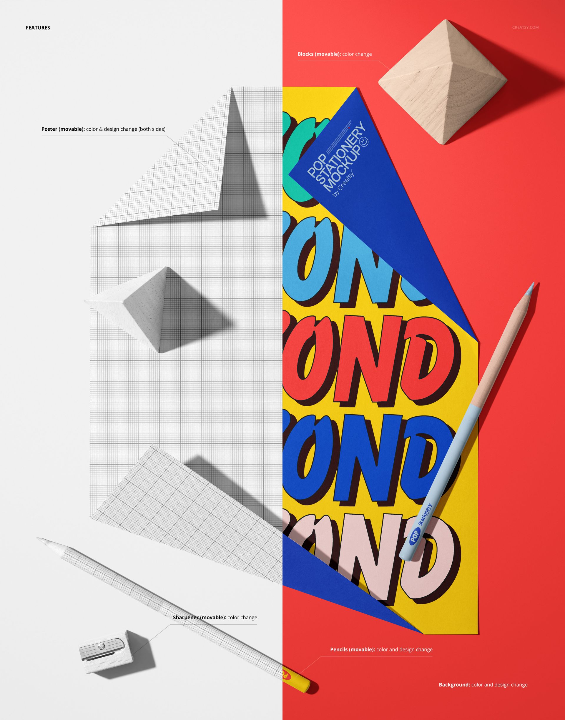 Stationery mockup featuring a poster with folded corners, colorful crayons, and geometric props in a split scene.