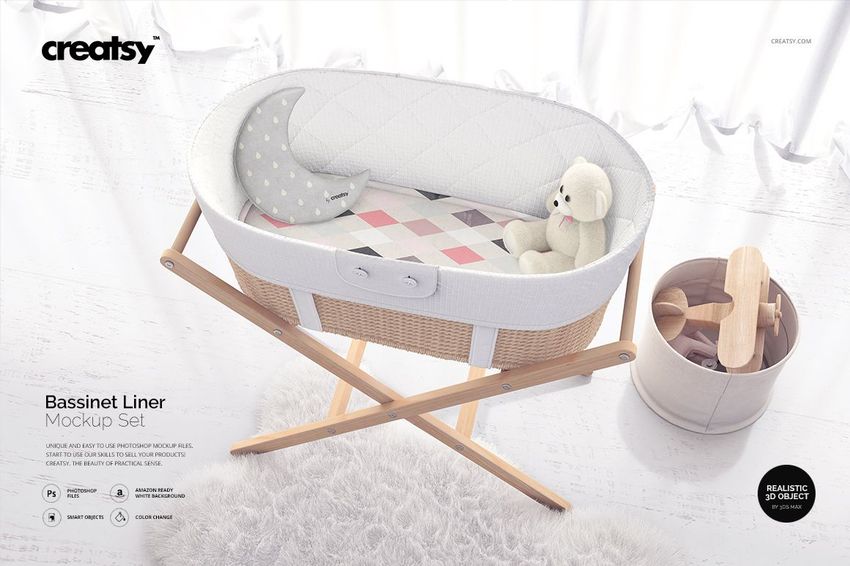 Top view of bassinet liner mockup featuring a white padded interior, soft toys, and light wood flooring background.