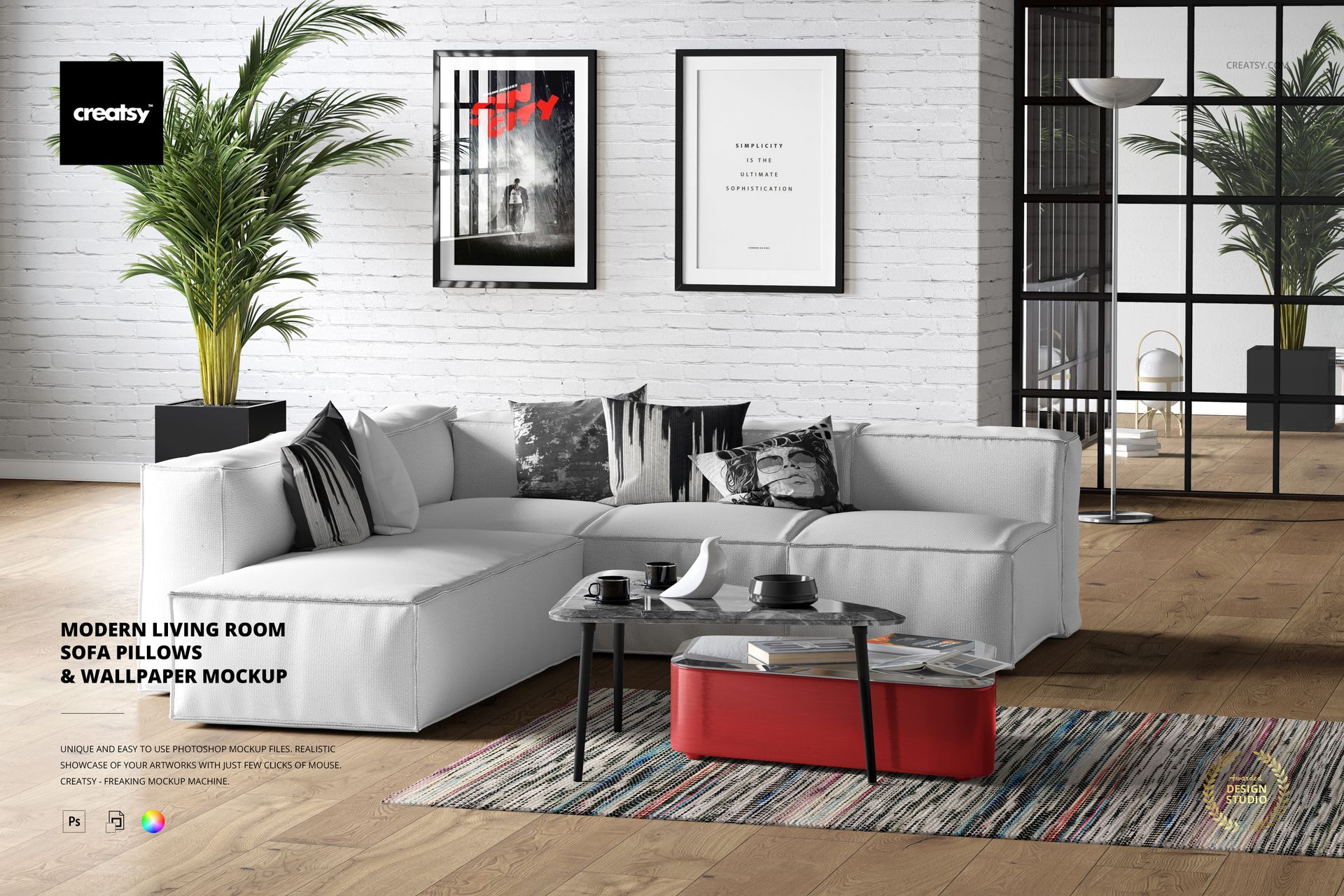 Front view of a contemporary living room featuring a white sofa with patterned pillows and a textured wallpaper mockup.