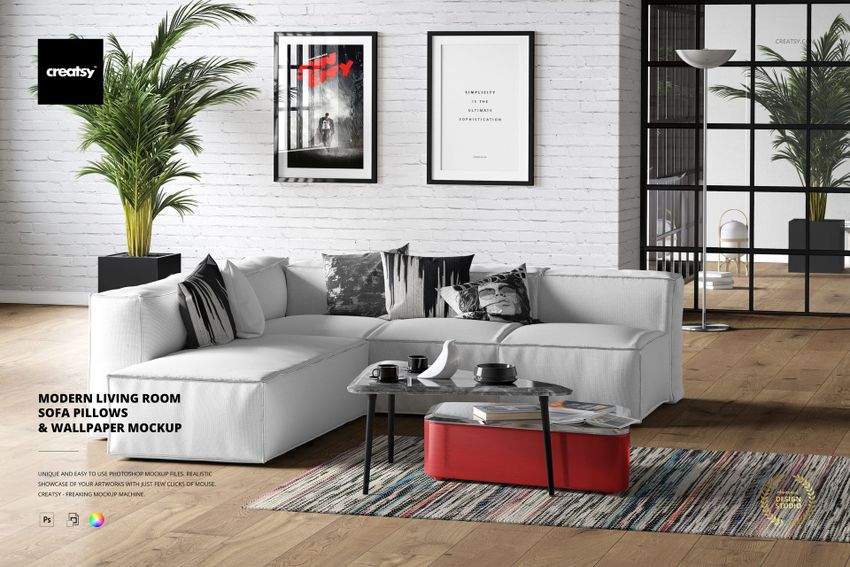 Modern Living Room Sofa Pillows & Wallpaper Mockup - mockup screenshot 1
