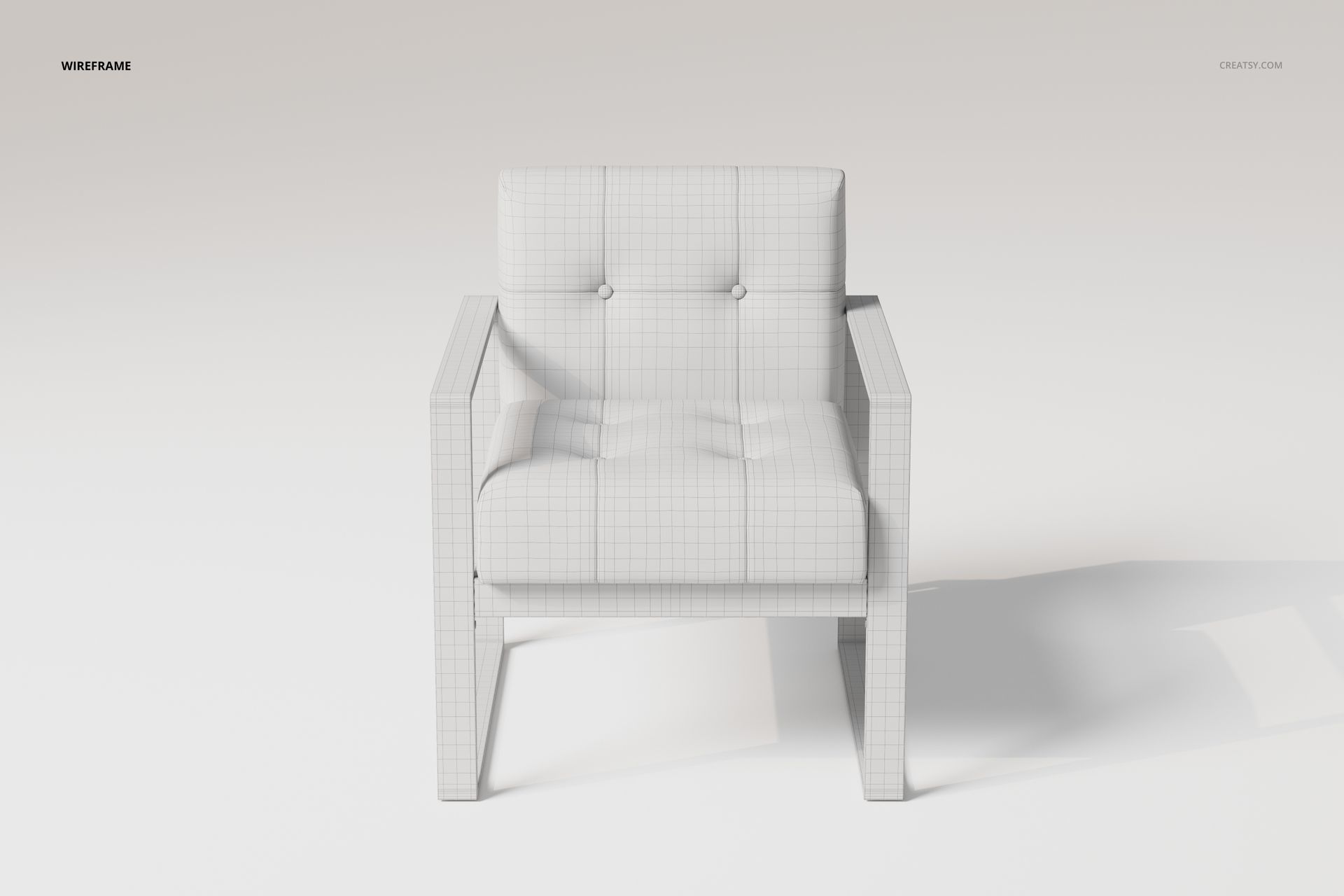 Front view of a modern armchair 3D model in white with visible wireframe grid texture on a plain background.